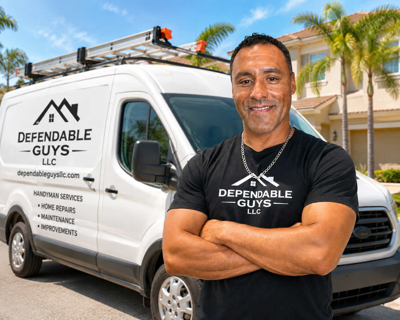 Gilberto Mendez, owner of Dependable Guys LLC, in front of the company van